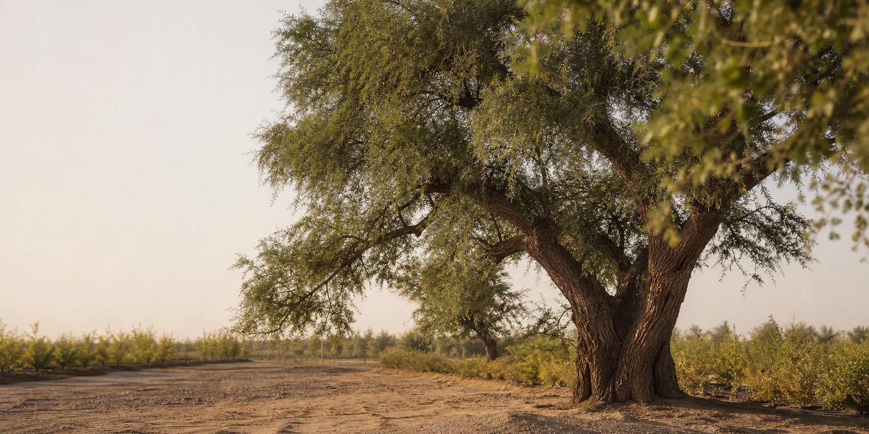 Mature Ghaf tree in a Saudi nursery landscape at early morning